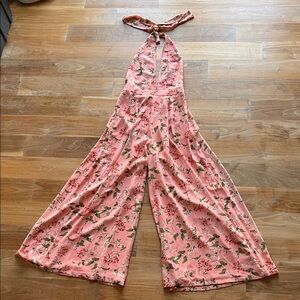 Endless Rose Pink Floral Jumpsuit with Deep V Neck and Halter Tied Top